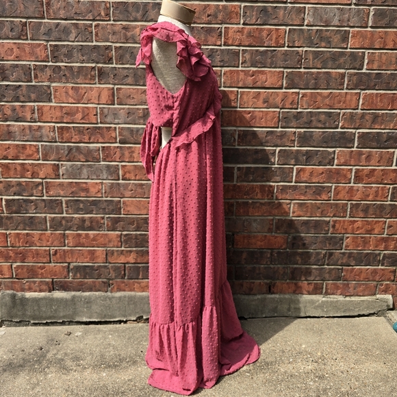 Francescas Ruffle Strap Clipdot Maxi Dress Rose Cutout Sleeveless Ruffle Sz L - Picture 3 of 14